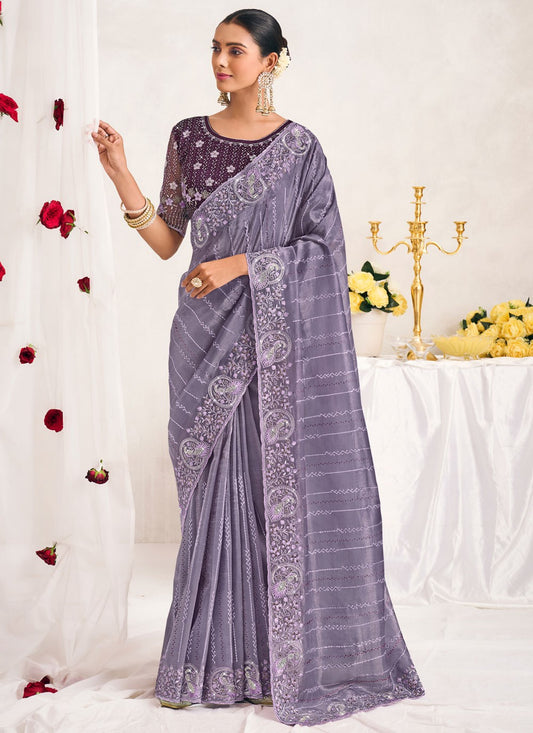 Trendy Saree Cut Work Lavender Silk S12749