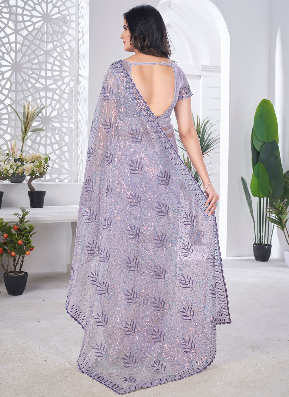 Cut Work Net Lavender Traditional Saree S15589