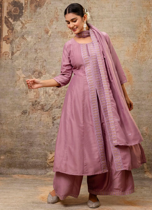 Embroidered Silk Blend Lavender Salwar Suit T6115