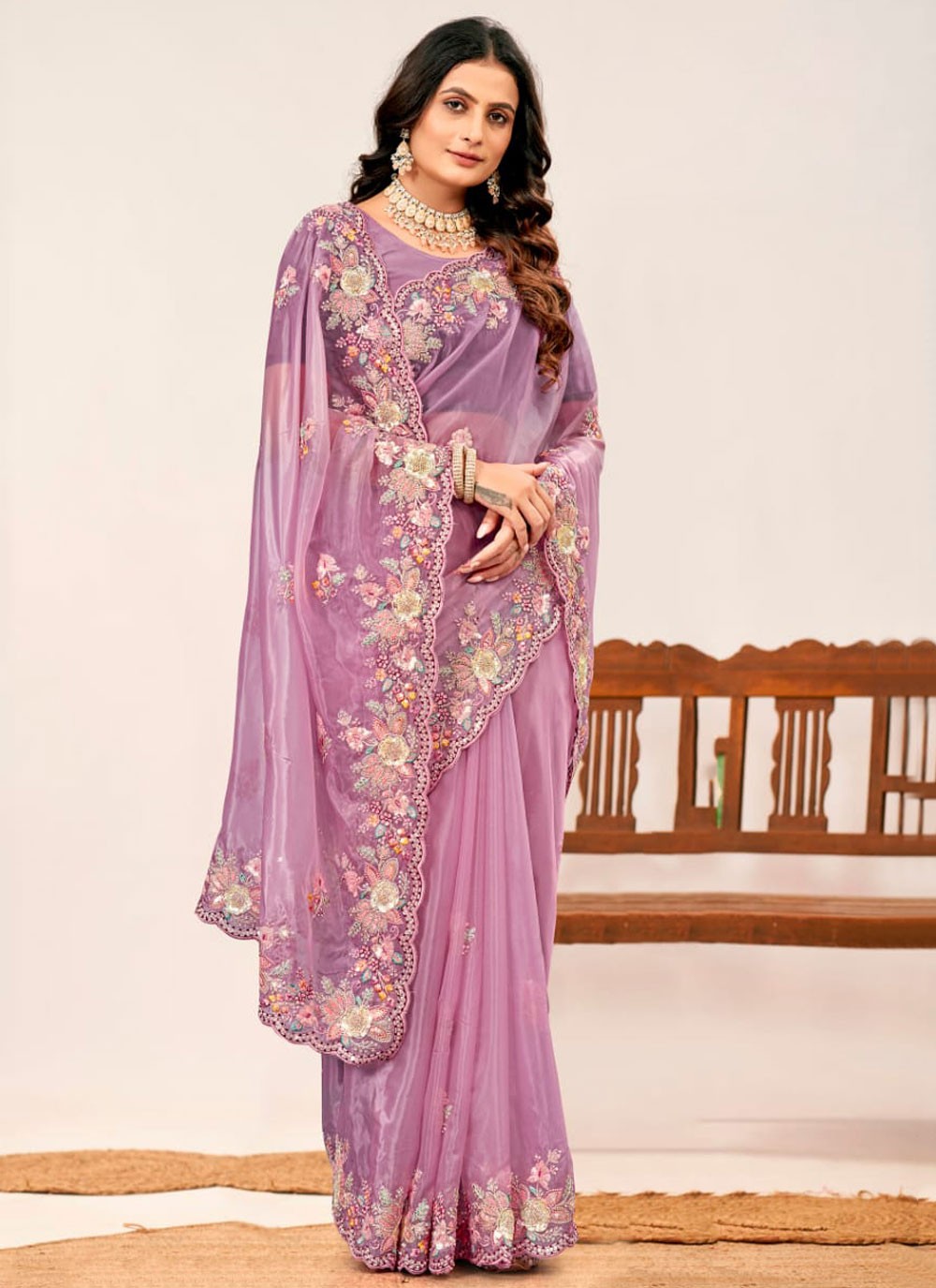 Classic Saree Cut Work Lavender Silk Saree S13375