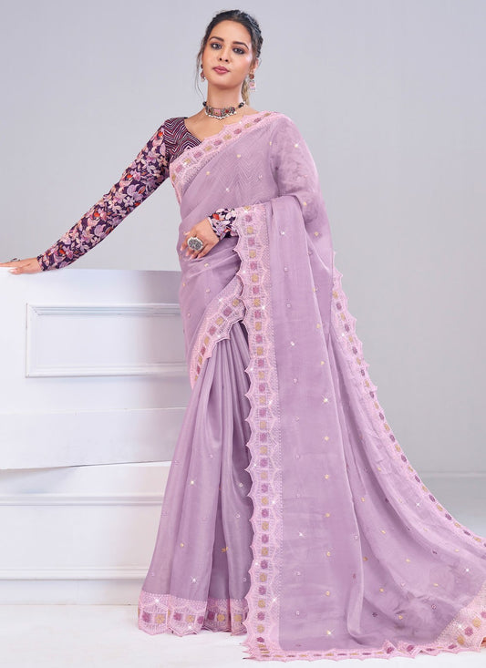 Lavender Silk Contemporary Saree Fancy Work S19885