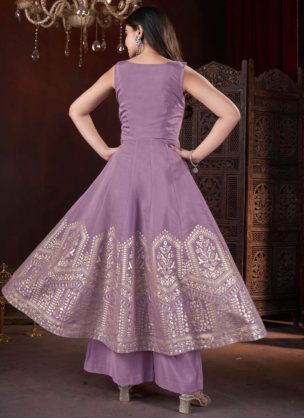 Salwar Suit Foliage Prints Lavender Silk T5479