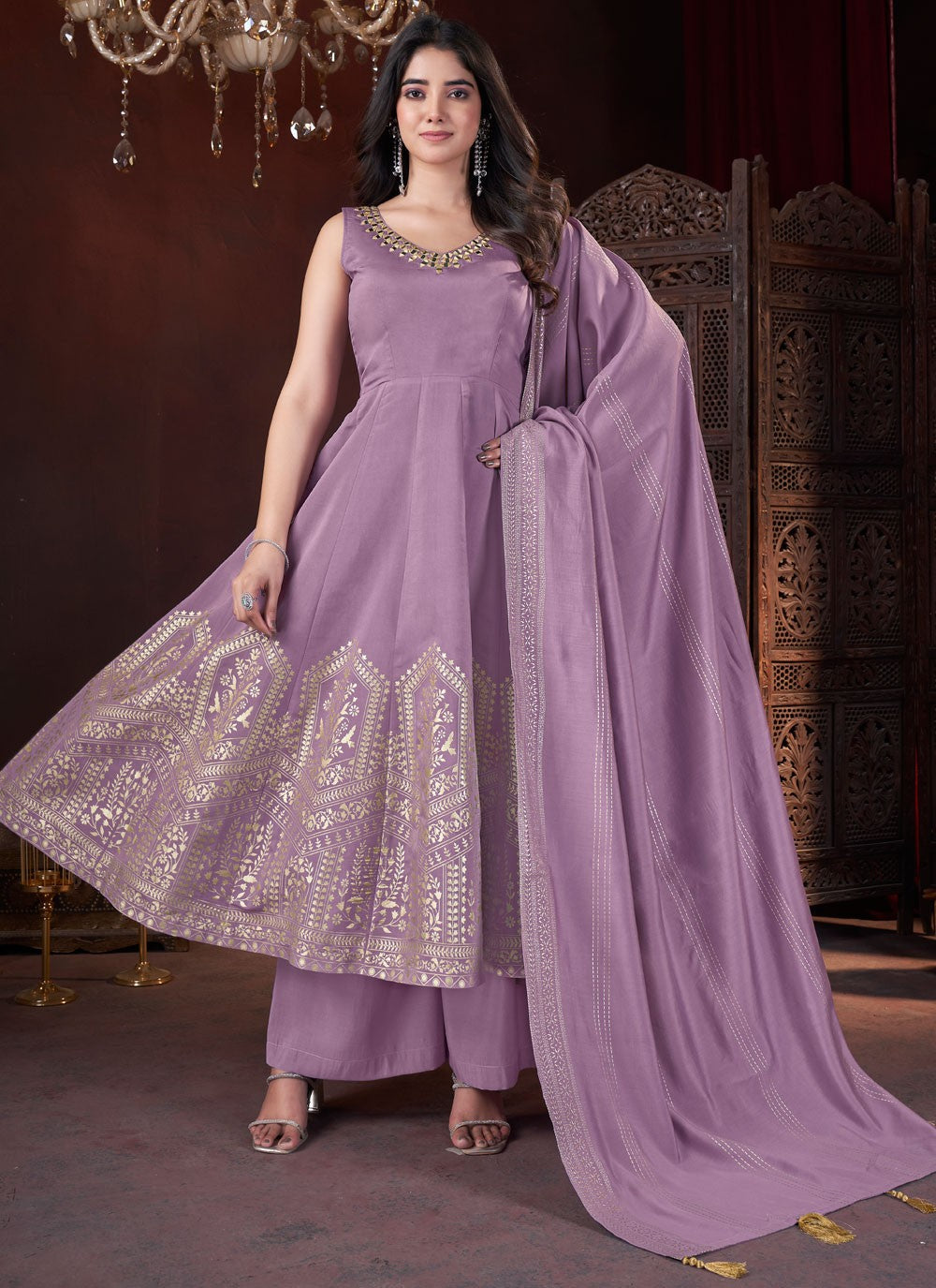 Salwar Suit Foliage Prints Lavender Silk T5479