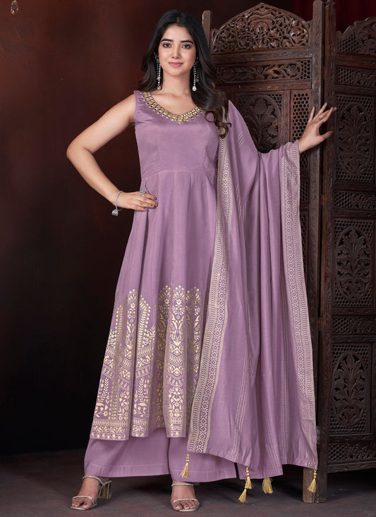 Salwar Suit Foliage Prints Lavender Silk T5479