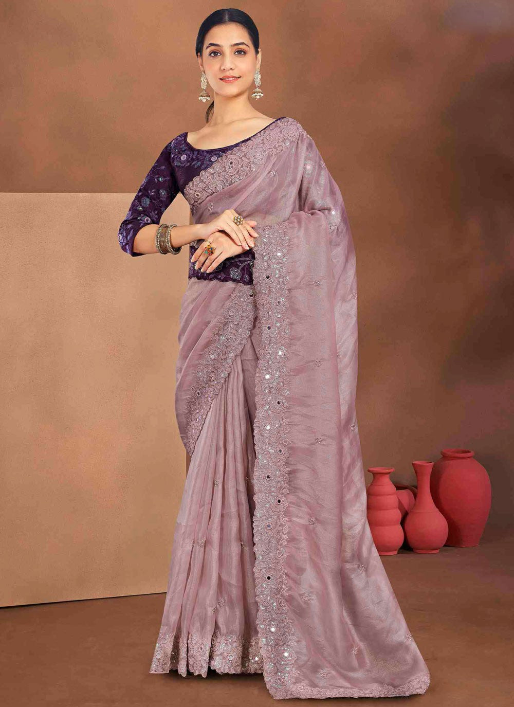 Traditional Embroidered Lavender Silk Saree S13392