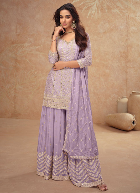 Embroidered Chinon Lavender Sharara Suit T6279