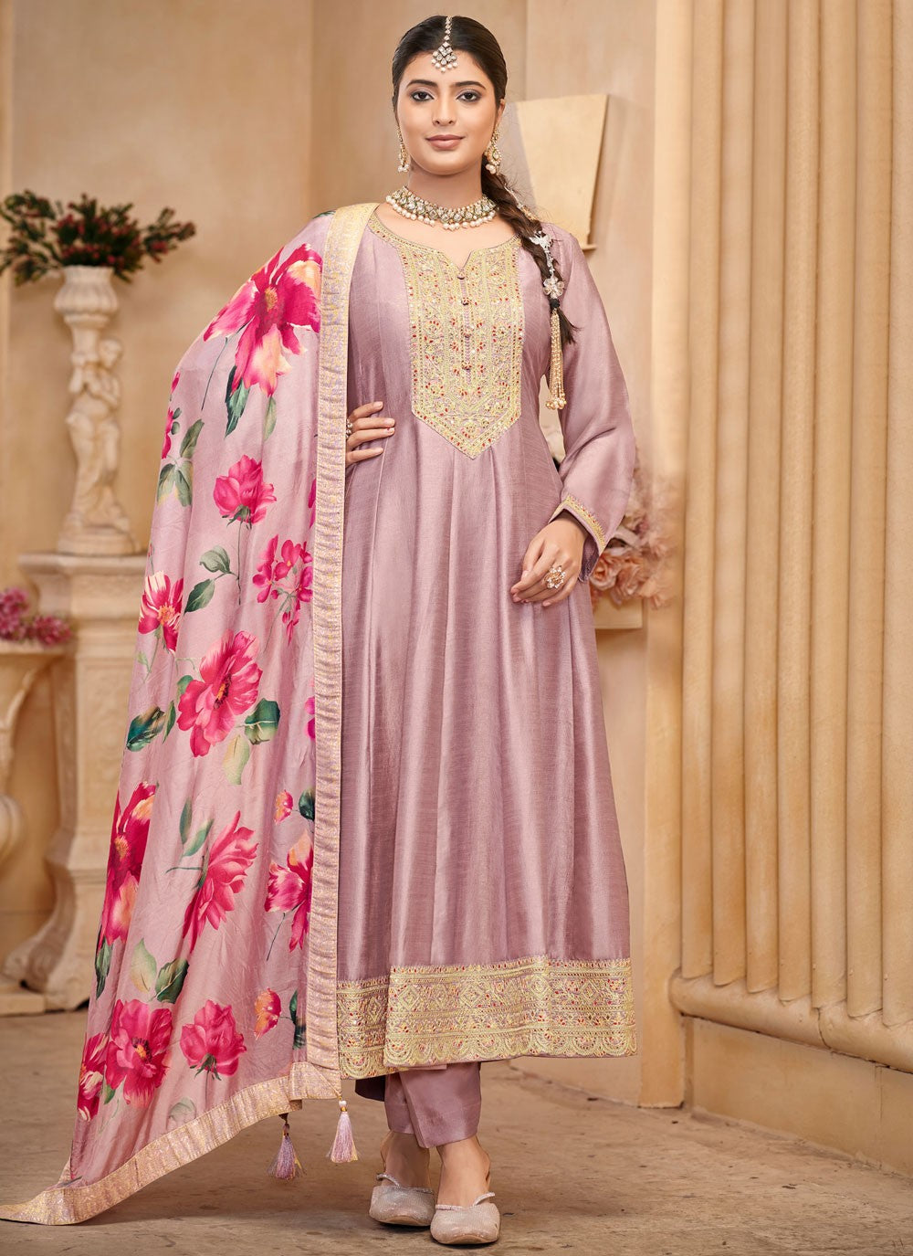 Embroidered Vichitra Silk Lavender Salwar Suit T5963