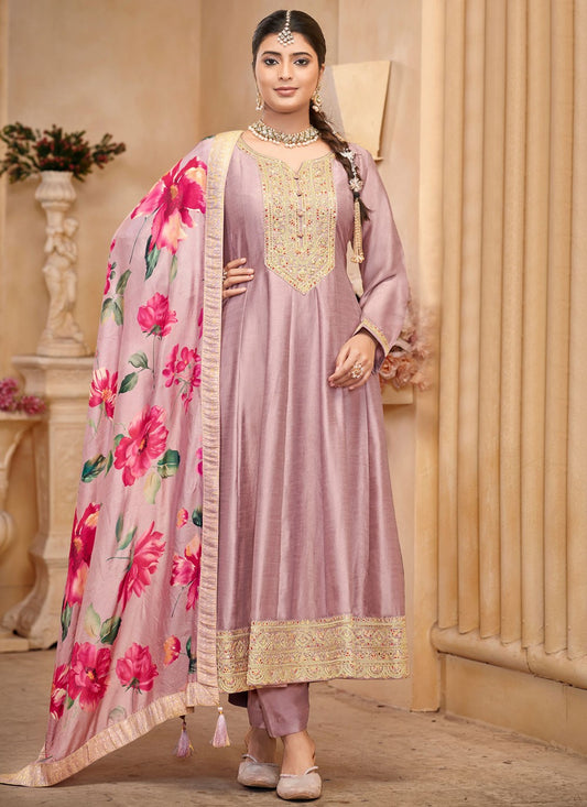 Embroidered Vichitra Silk Lavender Salwar Suit T5963