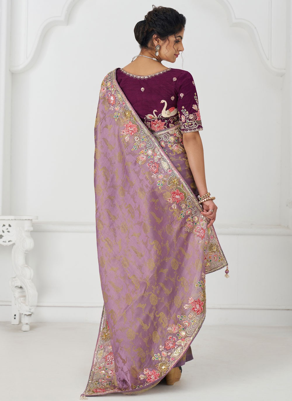 Embroidered Pure Dola Lavender Contemporary Saree S15642