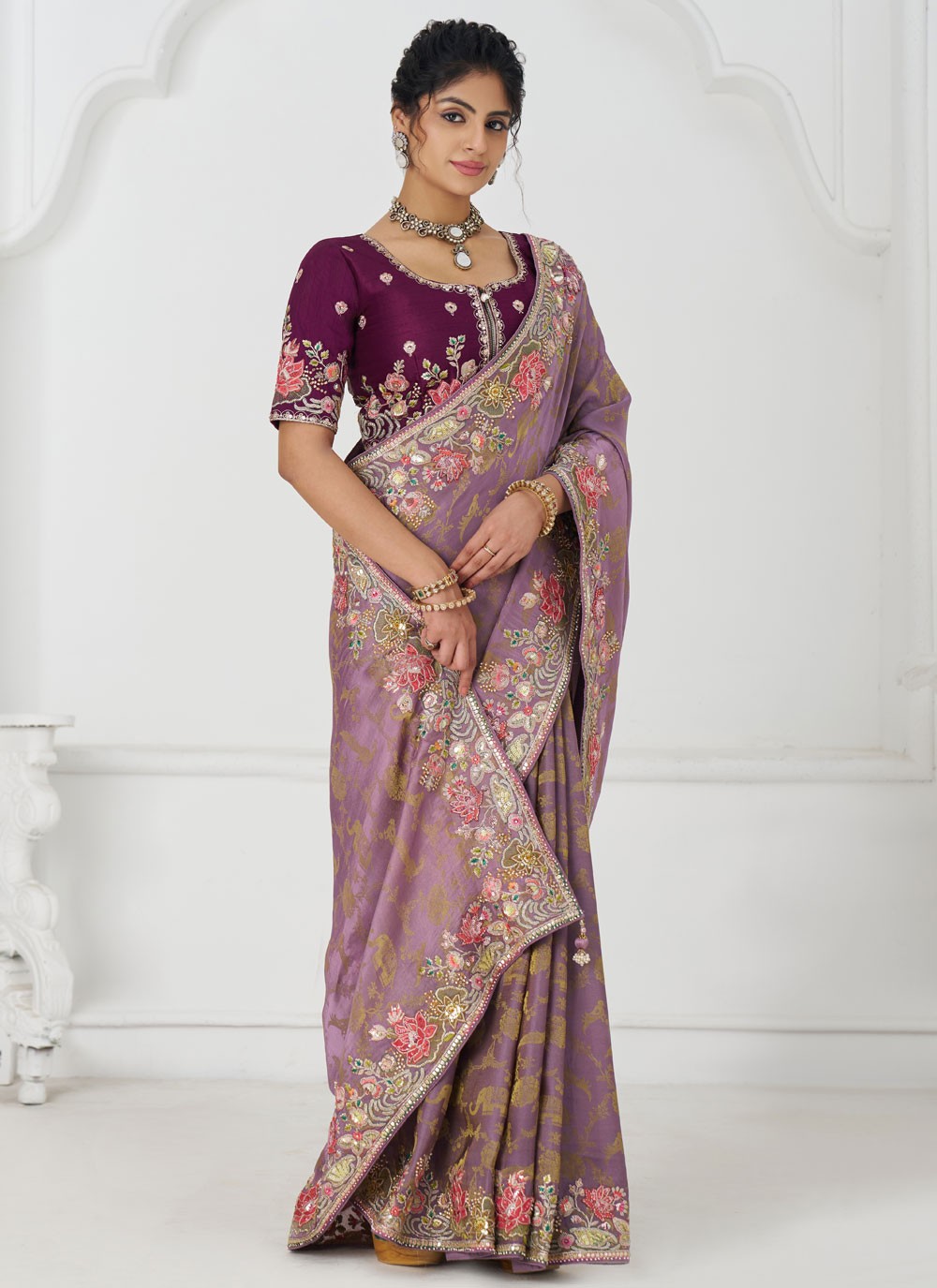 Embroidered Pure Dola Lavender Contemporary Saree S15642
