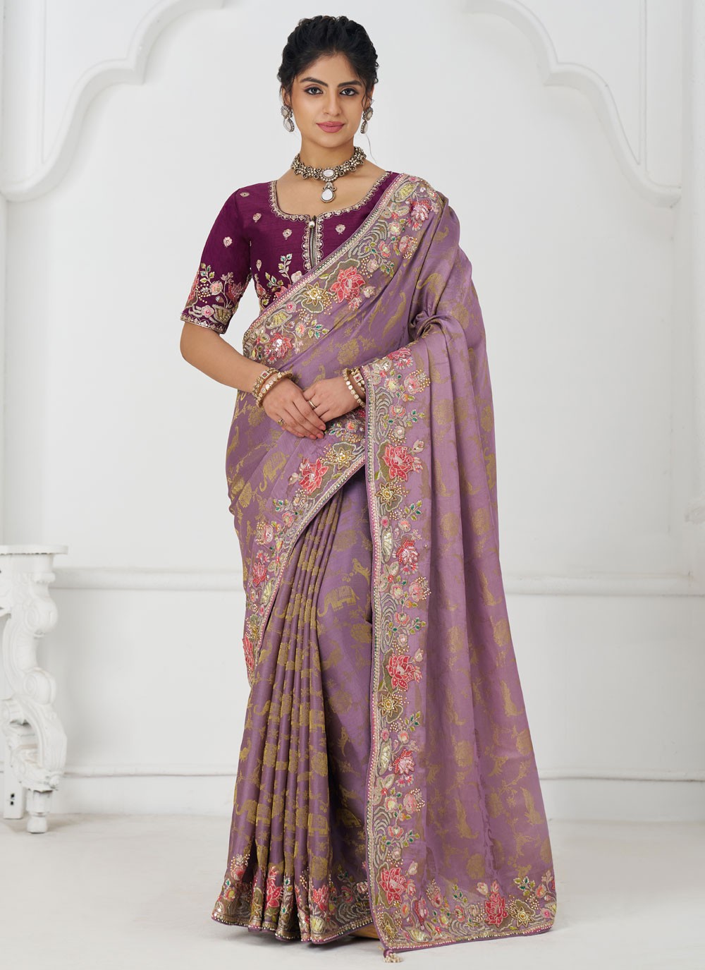 Embroidered Pure Dola Lavender Contemporary Saree S15642