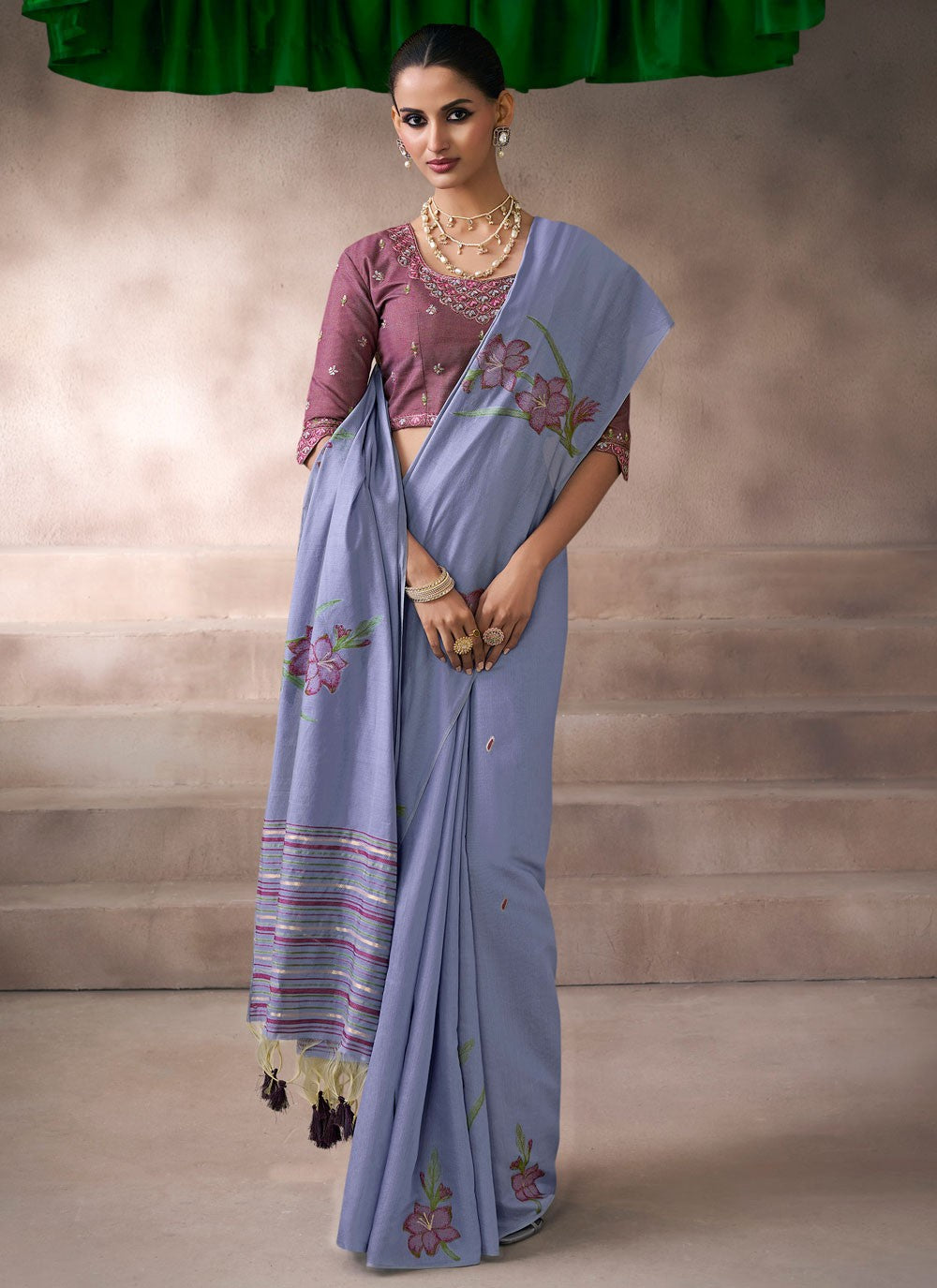 Lavender Cotton Contemporary Saree Fancy Work S19860