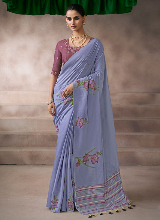 Lavender Cotton Contemporary Saree Fancy Work S19860