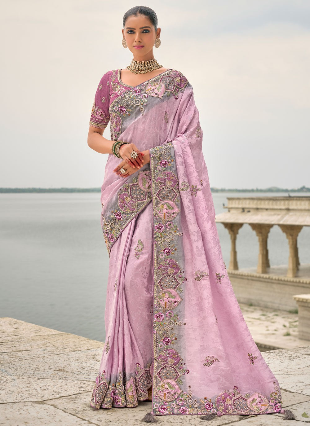 Embroidered Jacquard Lavender Saree S14806