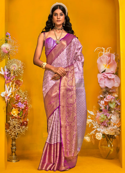 Weaving Zari Handloom Silk Lavender Saree S14442
