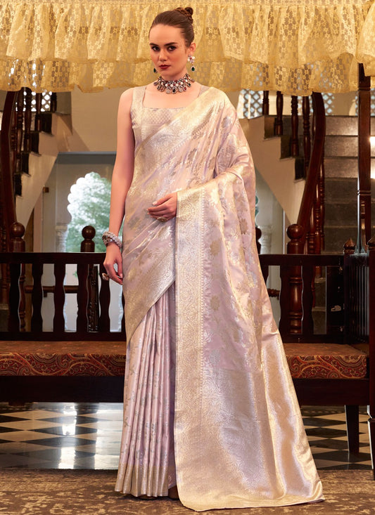 Weaving Zari Satin Silk Lavender Traditional Saree S15409