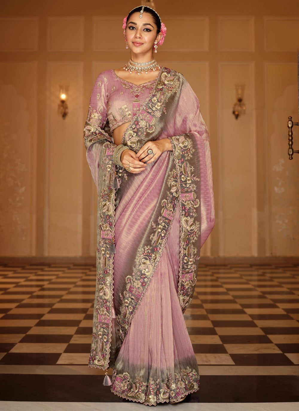 Lavender Jacquard Silk Contemporary Saree Embroidered S19723