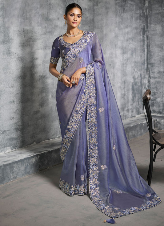 Lavender Tissue Trendy Saree Embroidered, Resham, Thread S19888