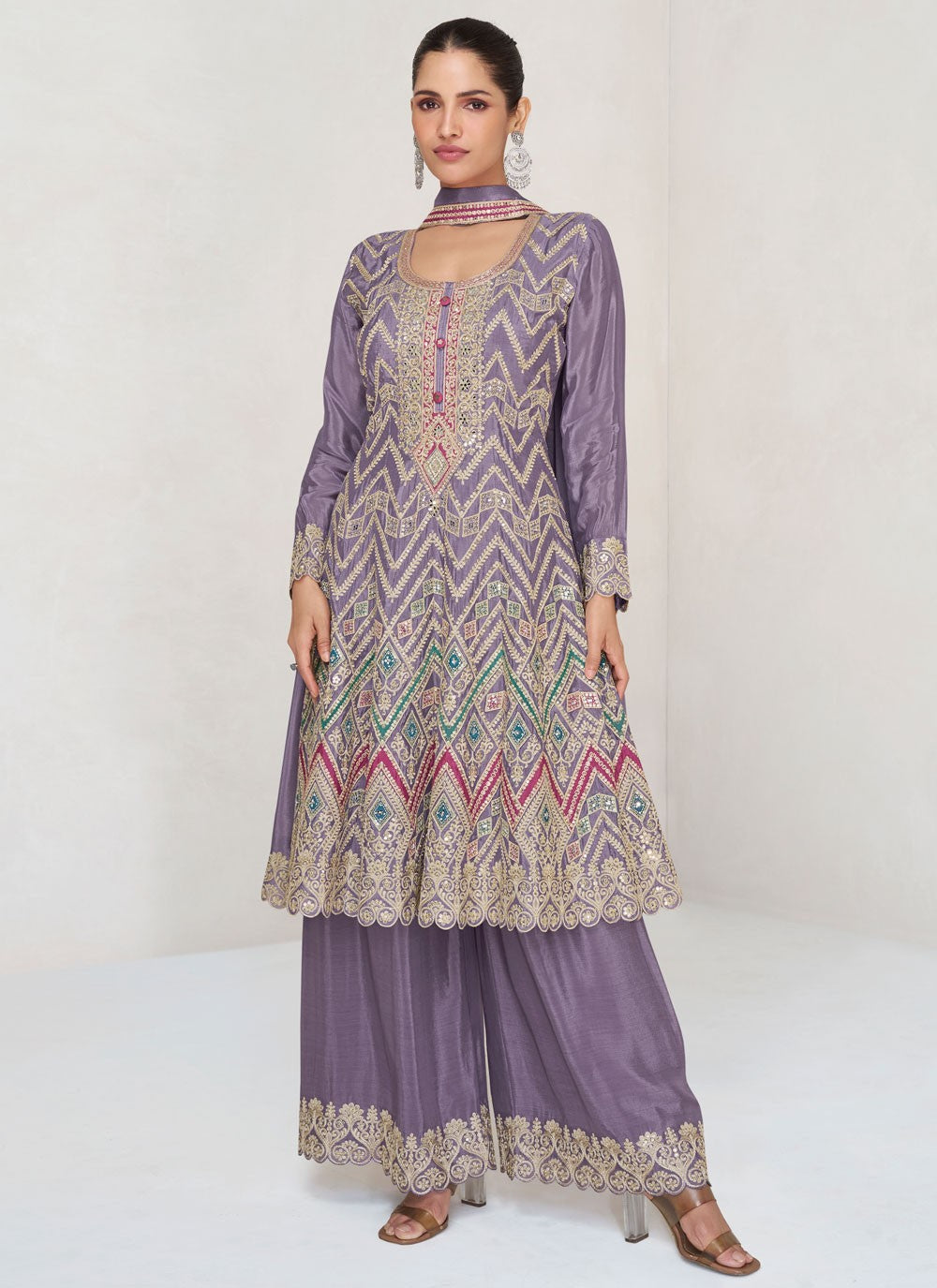 Sharara Suit Embroidered, Lace, Mirror, Zari Lavender T6868