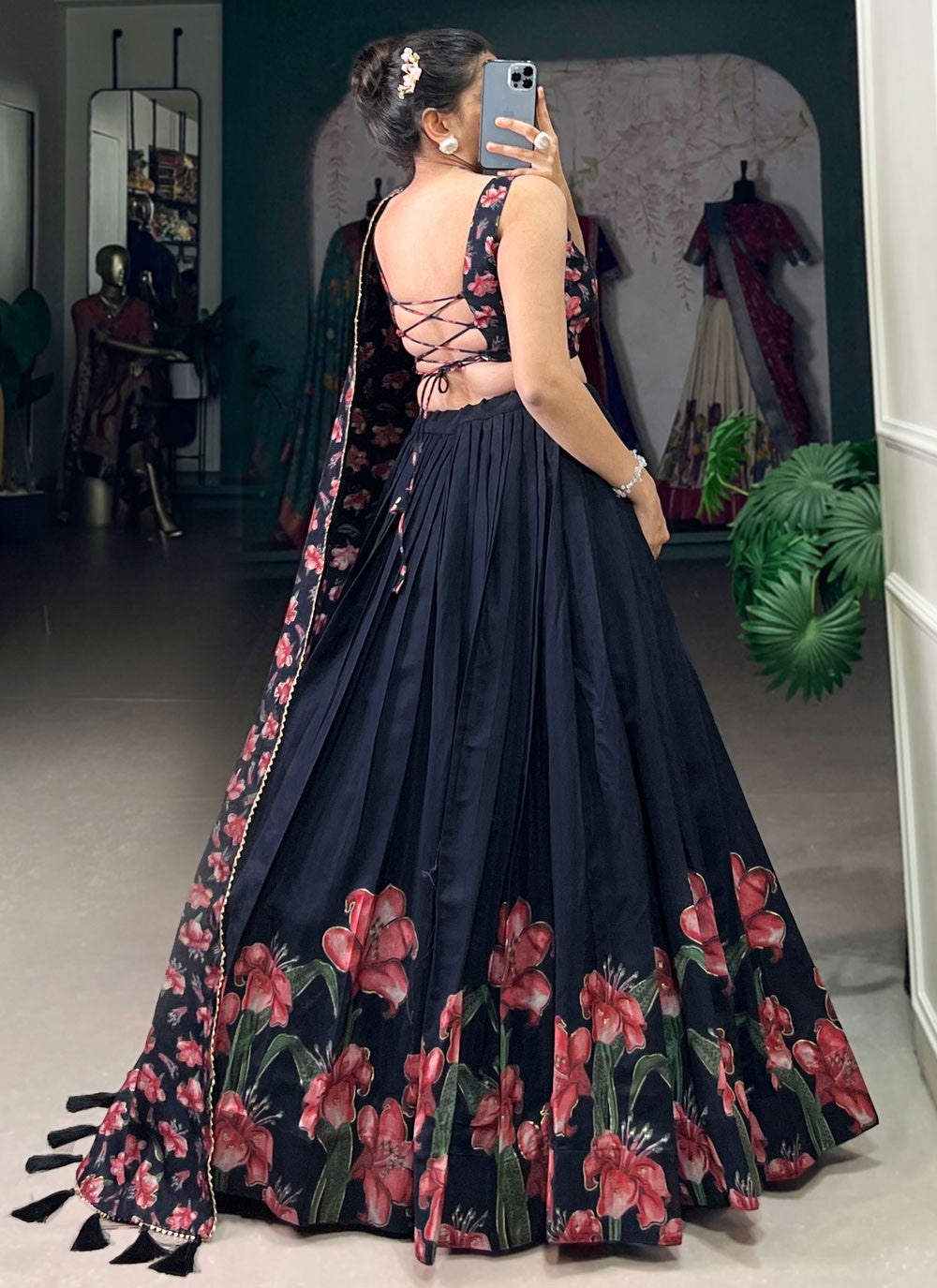 Floral Printed Silk Teal Lehenga - L3283