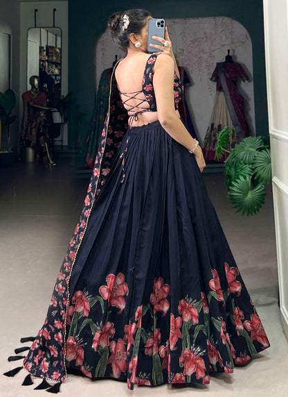 Floral Printed Silk Teal Lehenga - L3283