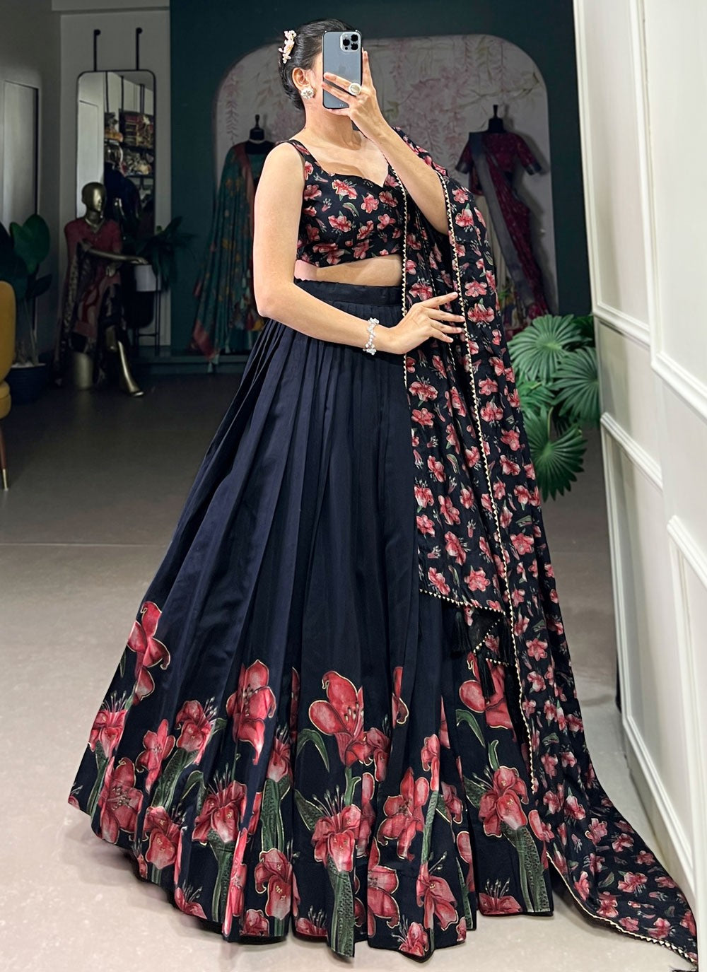 Floral Printed Silk Teal Lehenga - L3283