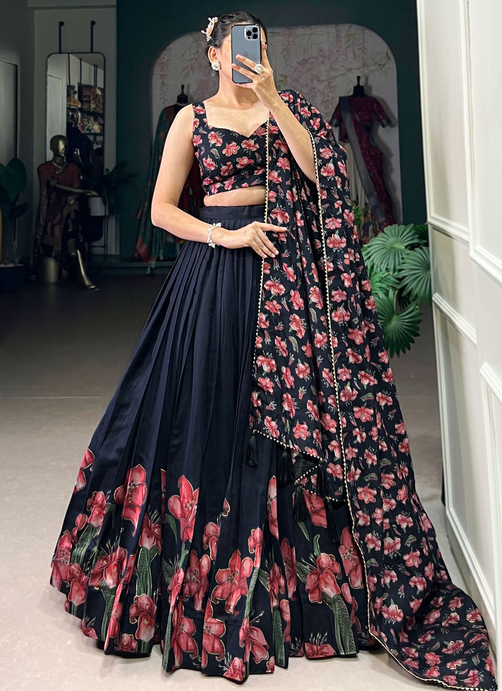Floral Printed Silk Teal Lehenga - L3283
