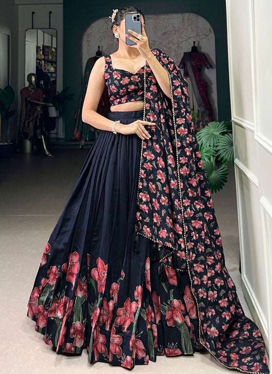 Floral Printed Silk Teal Lehenga - L3283