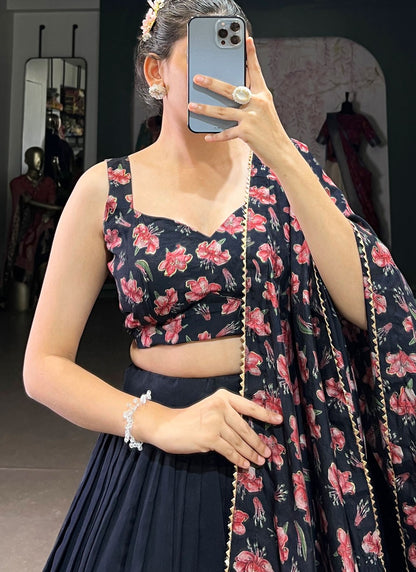 Floral Printed Silk Teal Lehenga - L3283