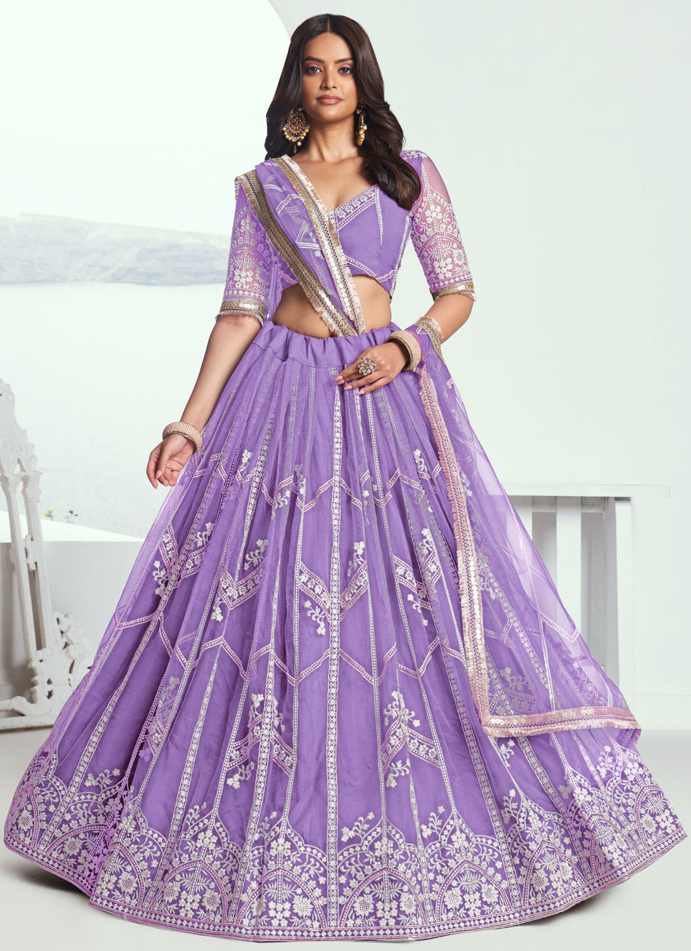 Embroidered Net Lavender A - Line Lehenga  L3774