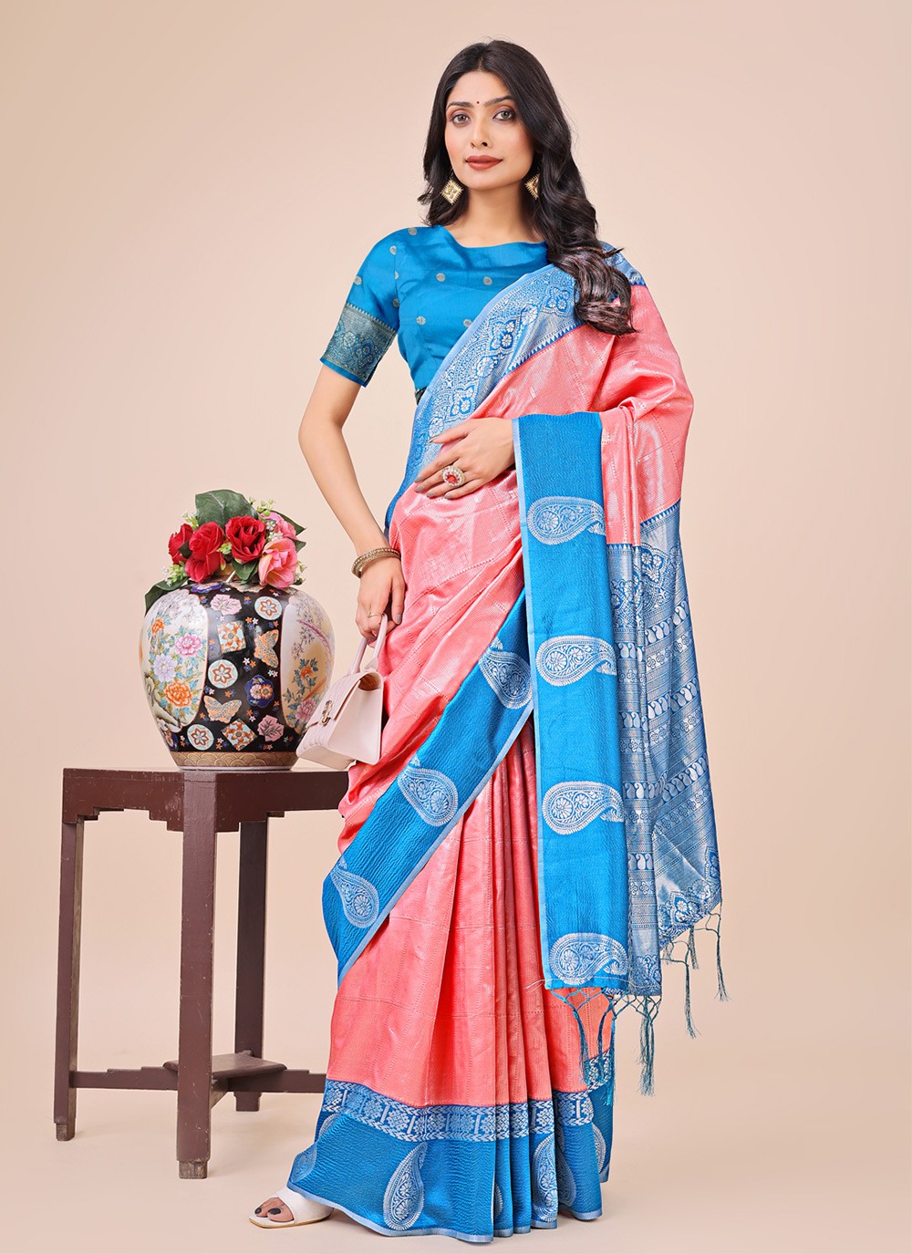 Woven Cotton Aqua Blue Classic Saree S15180