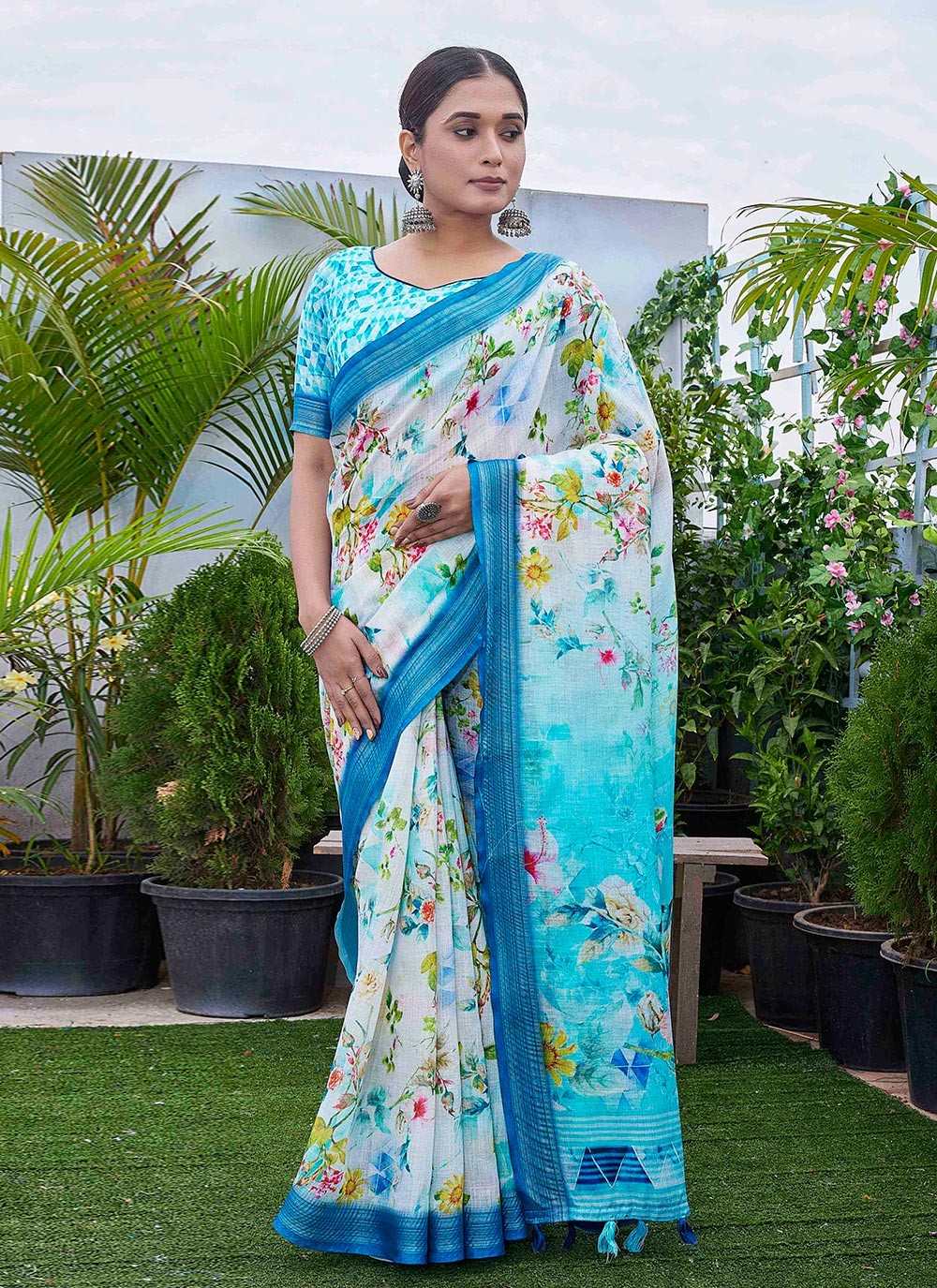 Classic Digital Print Linen Saree - S8986