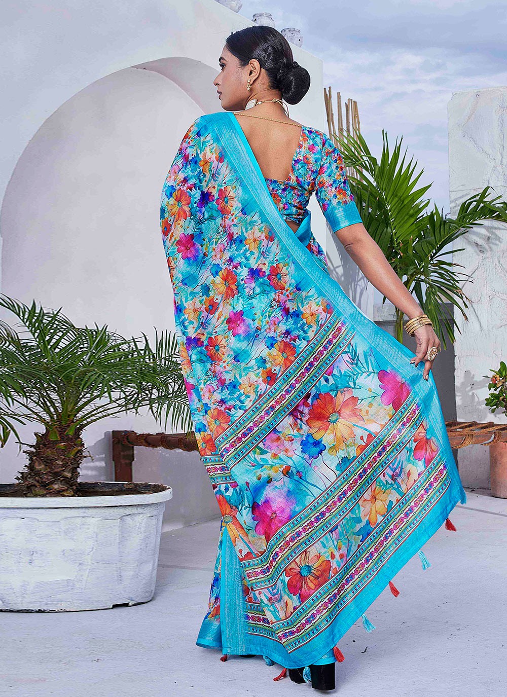 Classic Digital Print Linen Saree - S8986