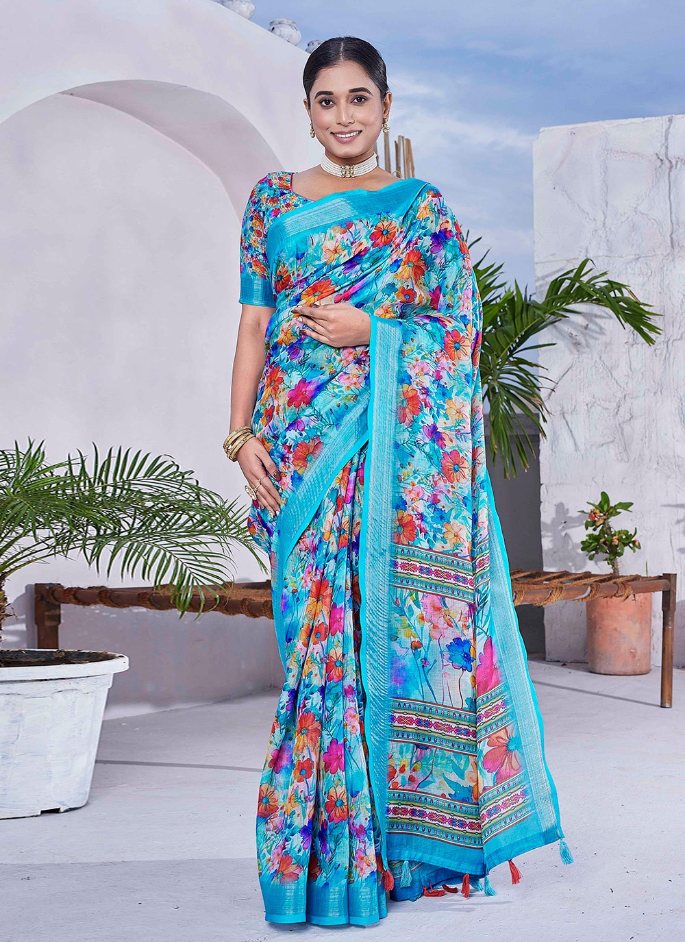 Classic Digital Print Linen Saree - S8986