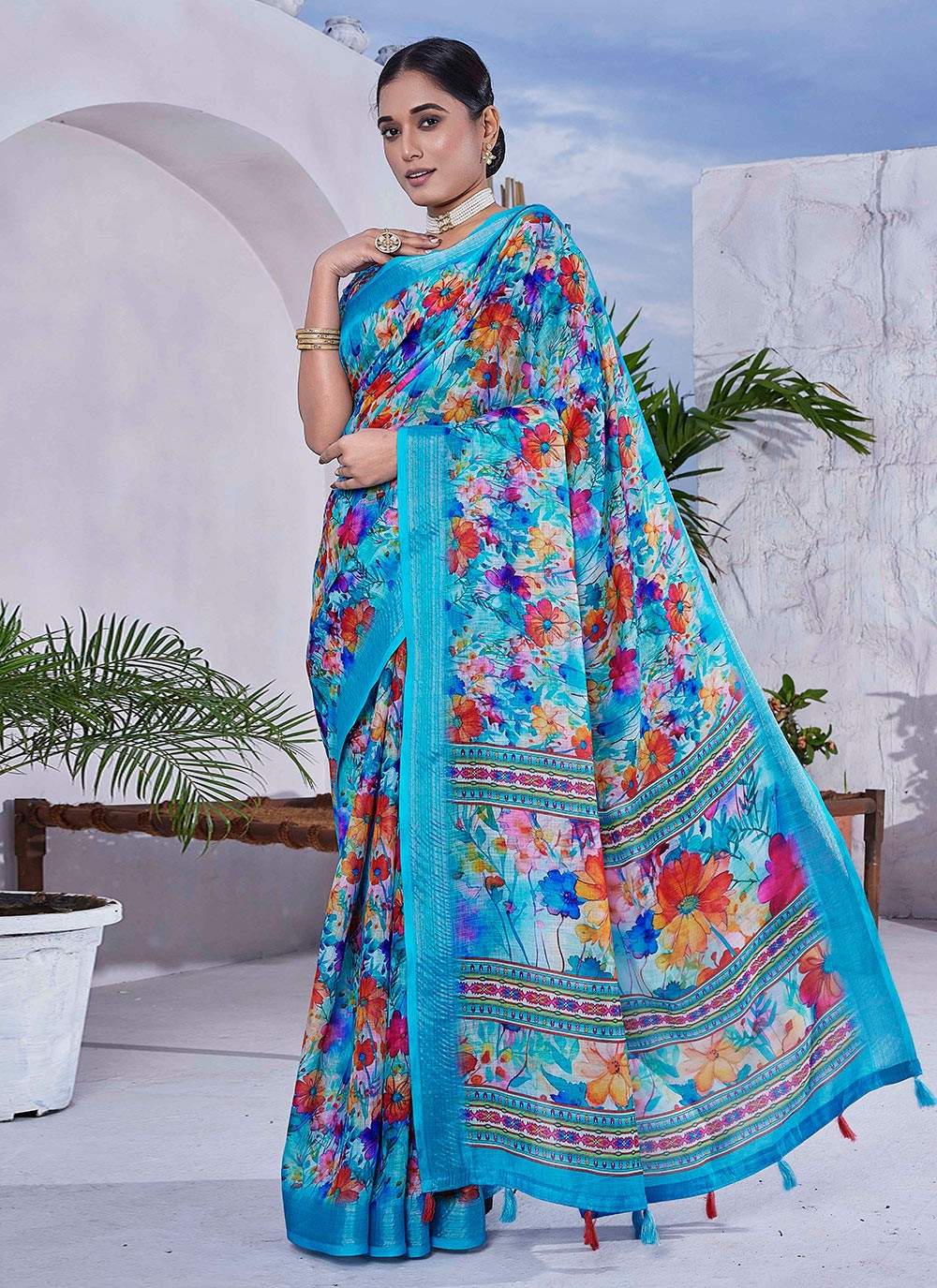 Classic Digital Print Linen Saree - S8986