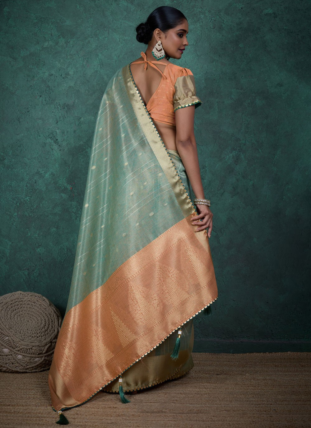 Aqua Blue Linen Traditional Saree Woven, Zari S15713