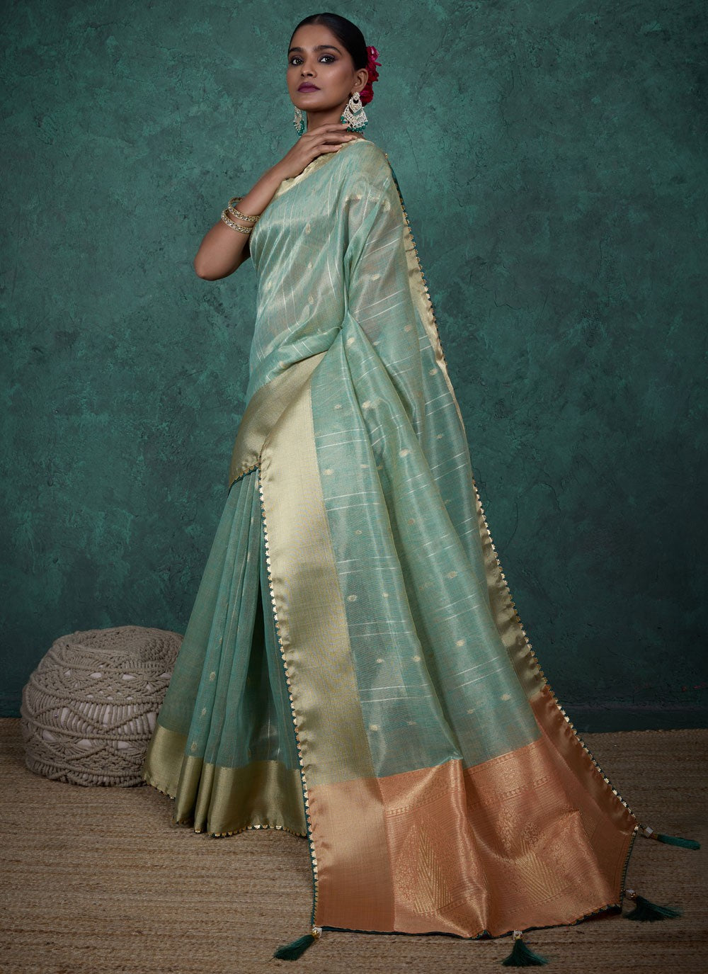 Aqua Blue Linen Traditional Saree Woven, Zari S15713