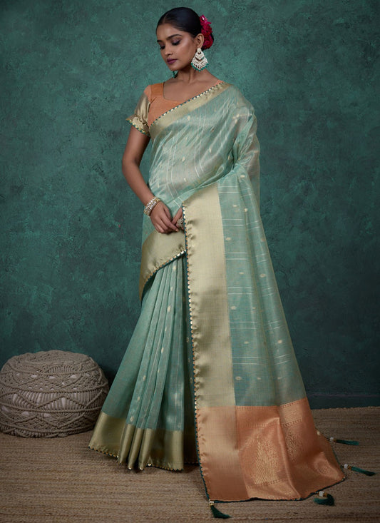 Aqua Blue Linen Traditional Saree Woven, Zari S15713