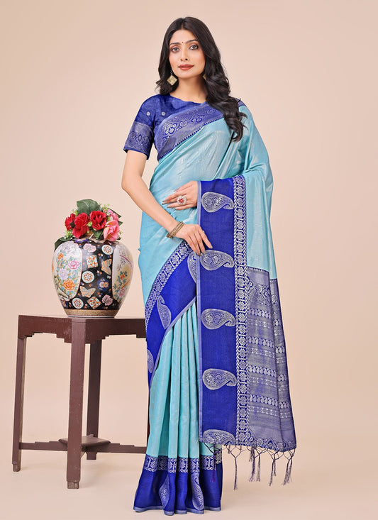 Woven Cotton Blue Classic Saree S15183