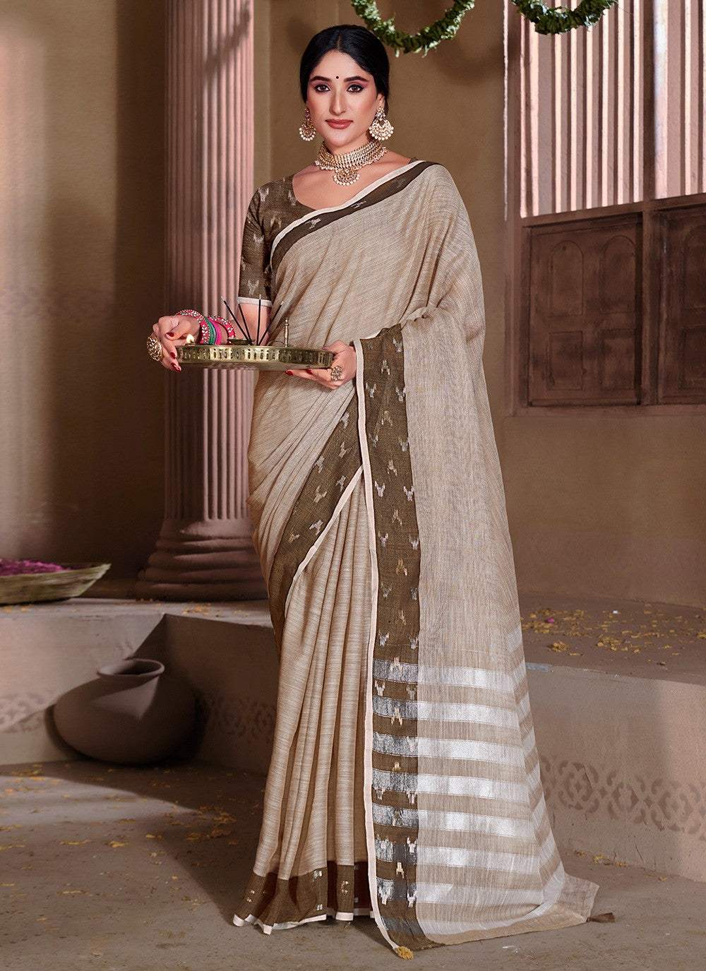 Casual Woven Linen Saree - S4455