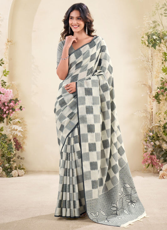 Grey Linen Designer Saree Checks, Printed S18837
