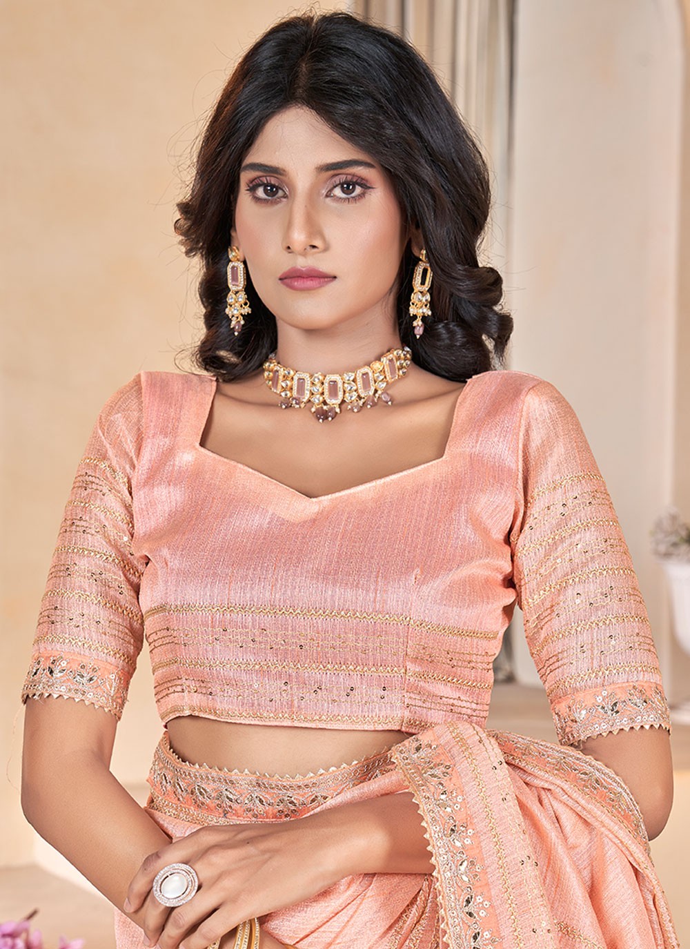 Classic Gota Patti Linen Saree - S6981