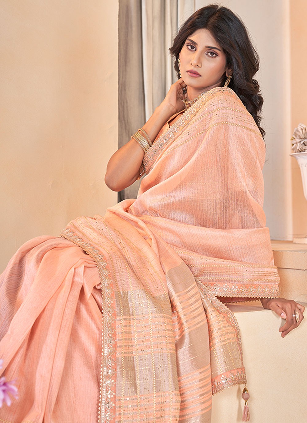 Classic Gota Patti Linen Saree - S6981