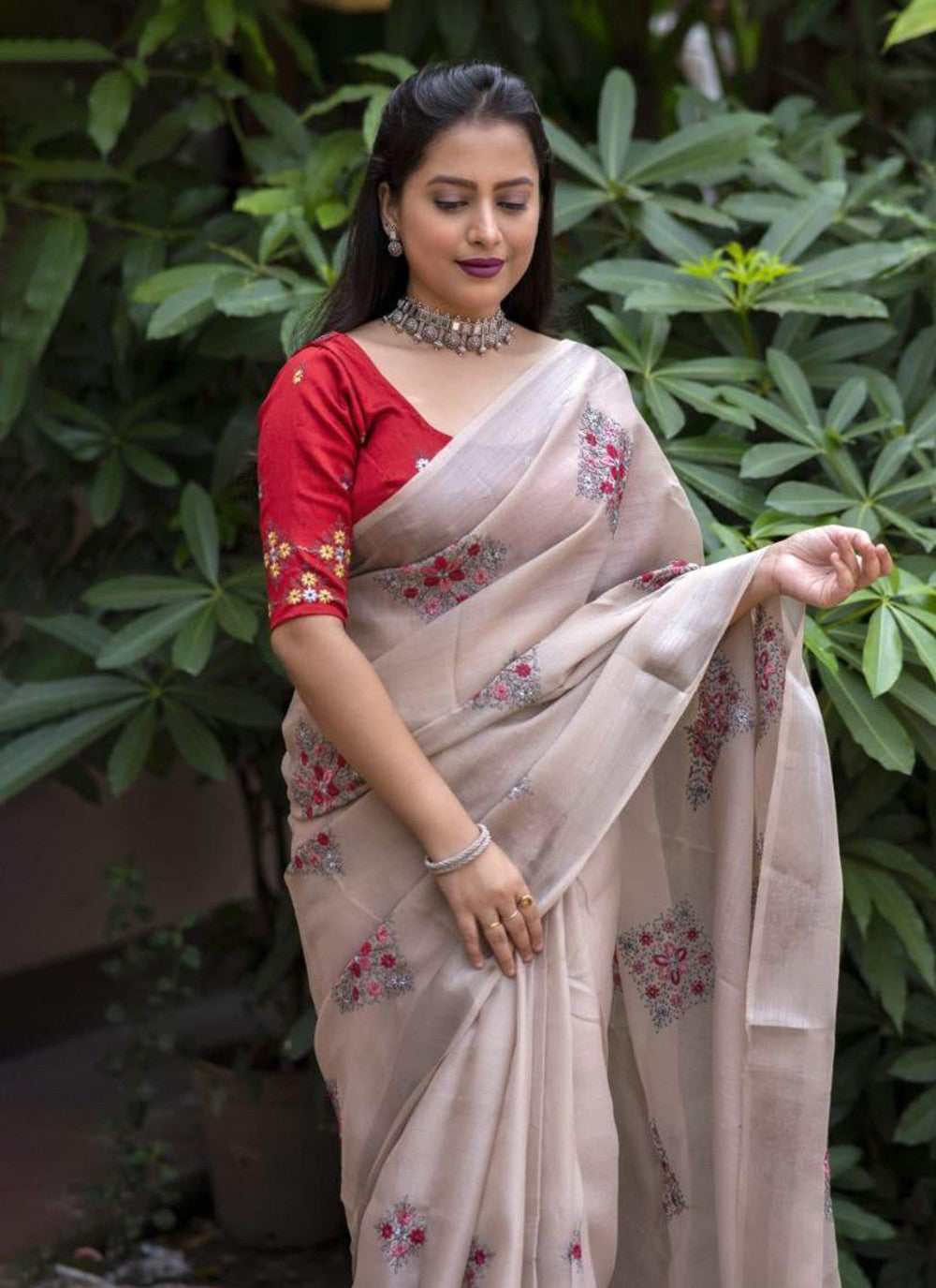 Trendy Printed Linen, Silk Saree - S6744