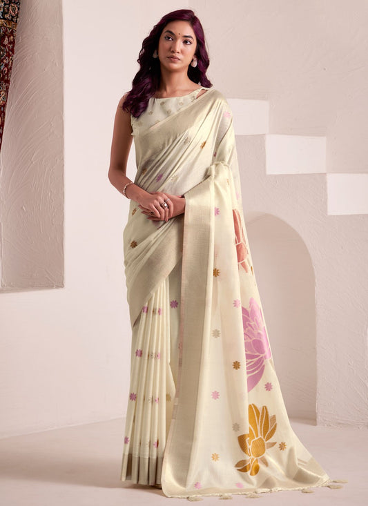 White Linen Contemporary Saree Buttis, Jacquard Work S19333