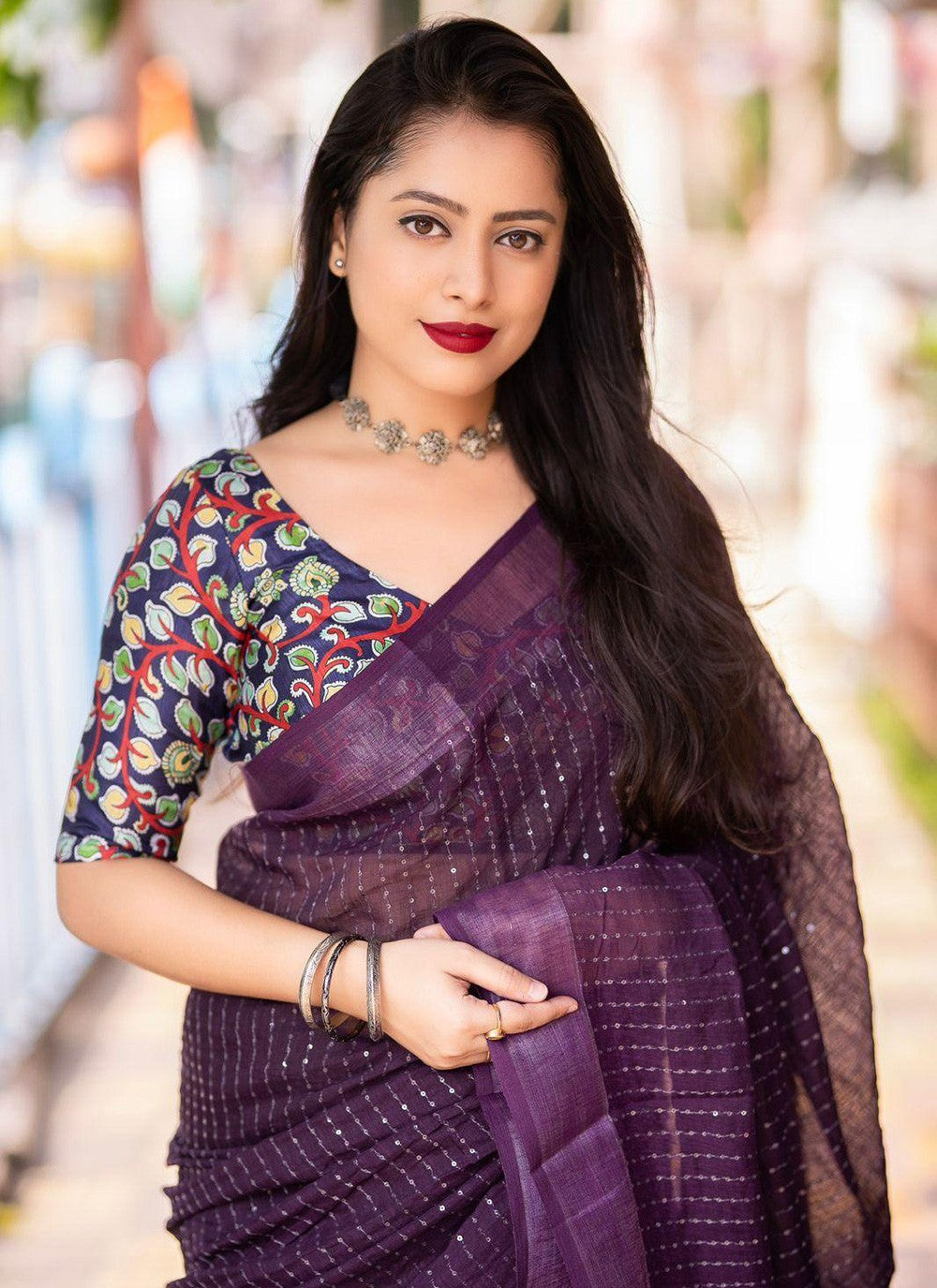 Contemporary Printed Linen Saree - S5771