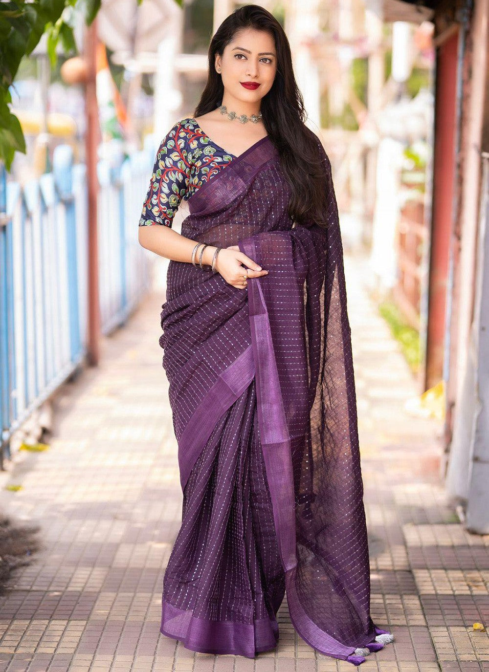 Contemporary Printed Linen Saree - S5771
