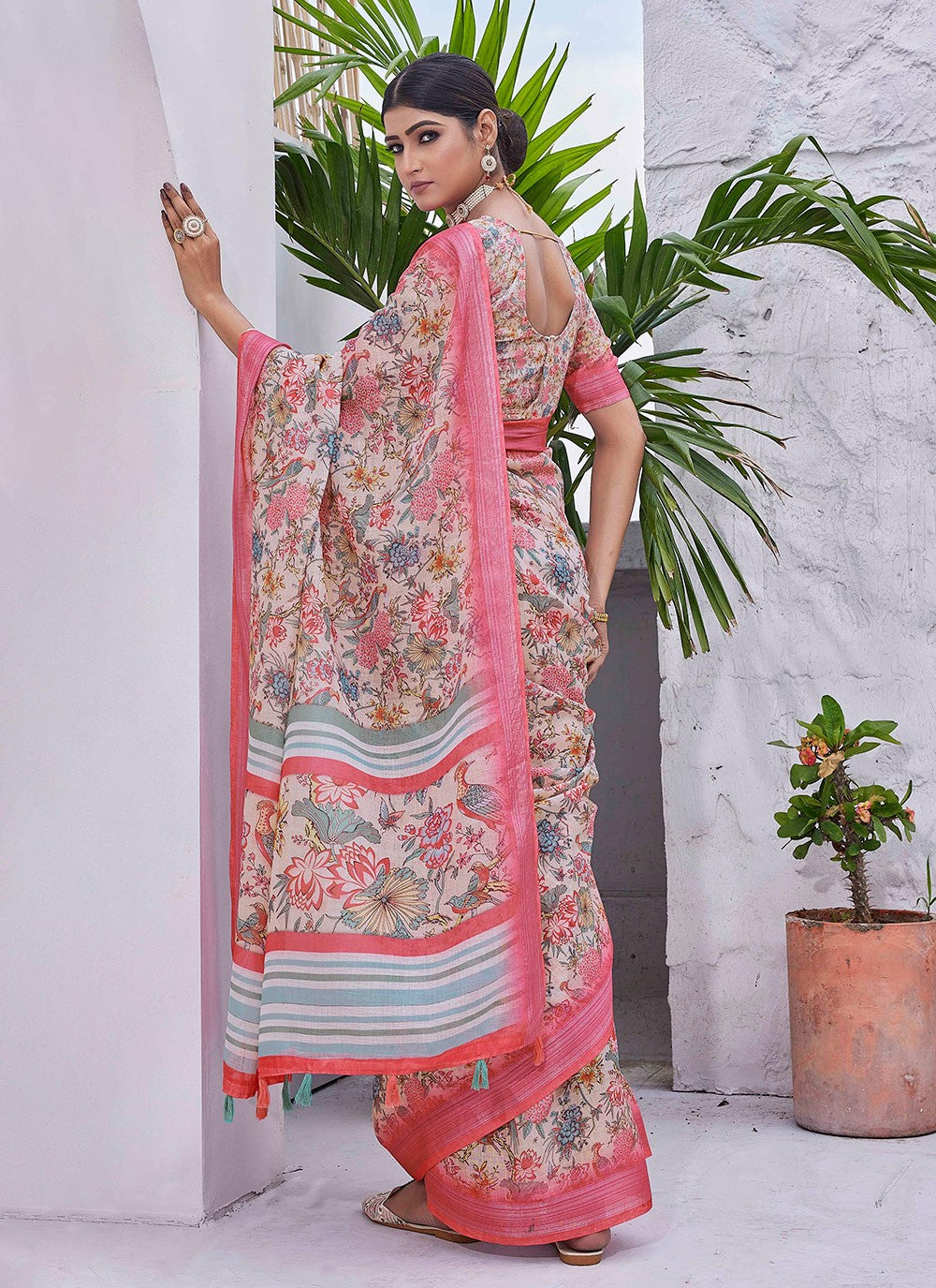 Classic Digital Print Linen Saree - S8986