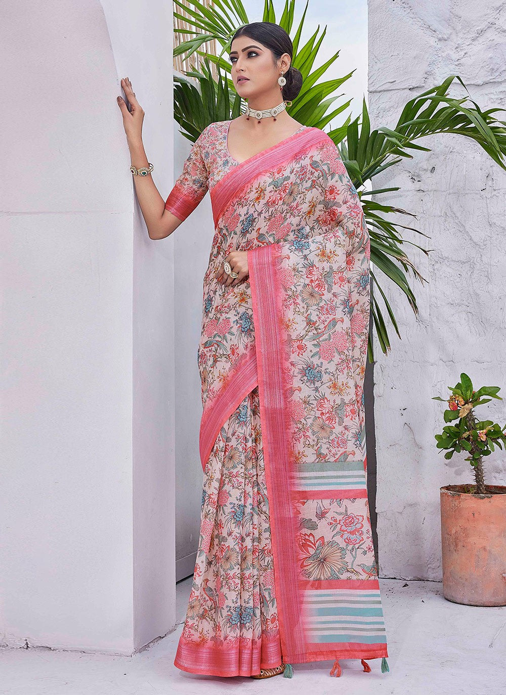 Classic Digital Print Linen Saree - S8986