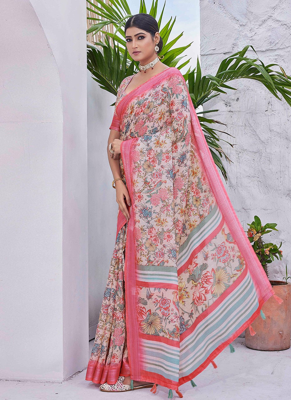 Classic Digital Print Linen Saree - S8986